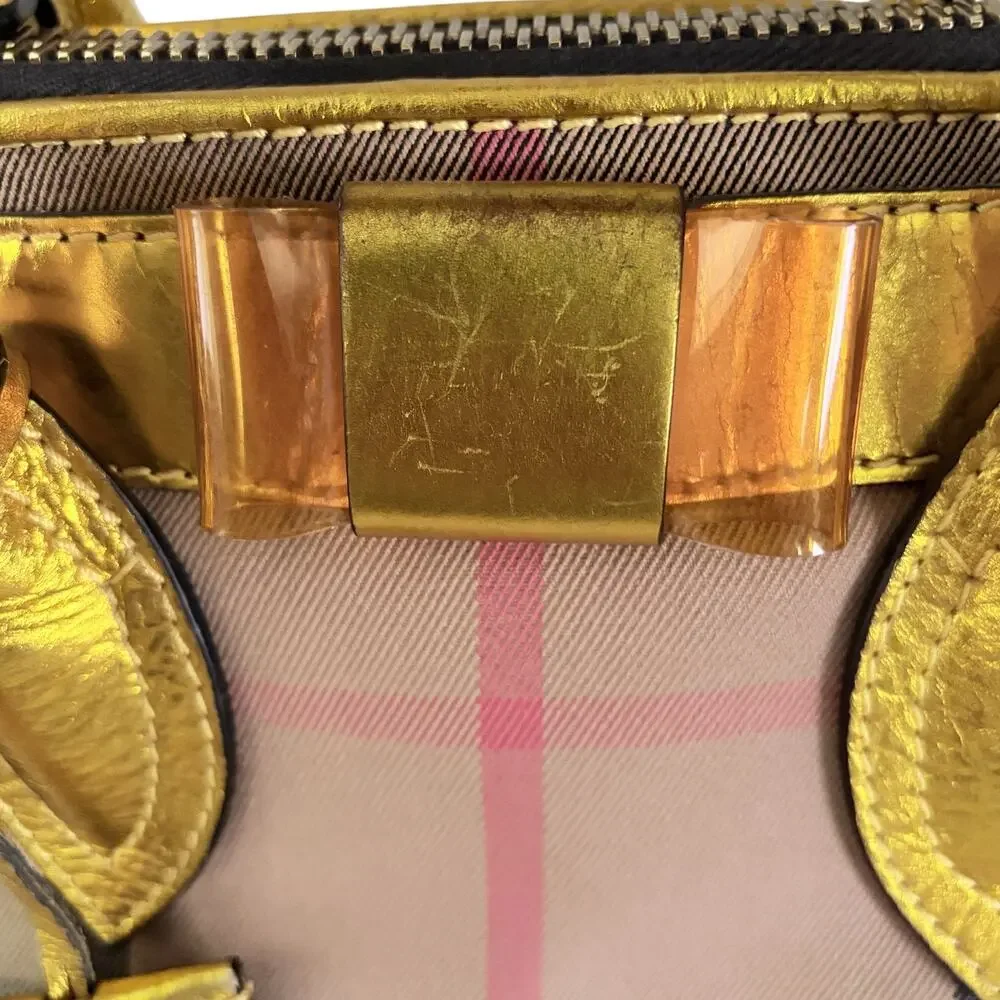Burberry Prorsum Metallic Gold House Check Leather Bowling Bag w/ Lock & Key COA